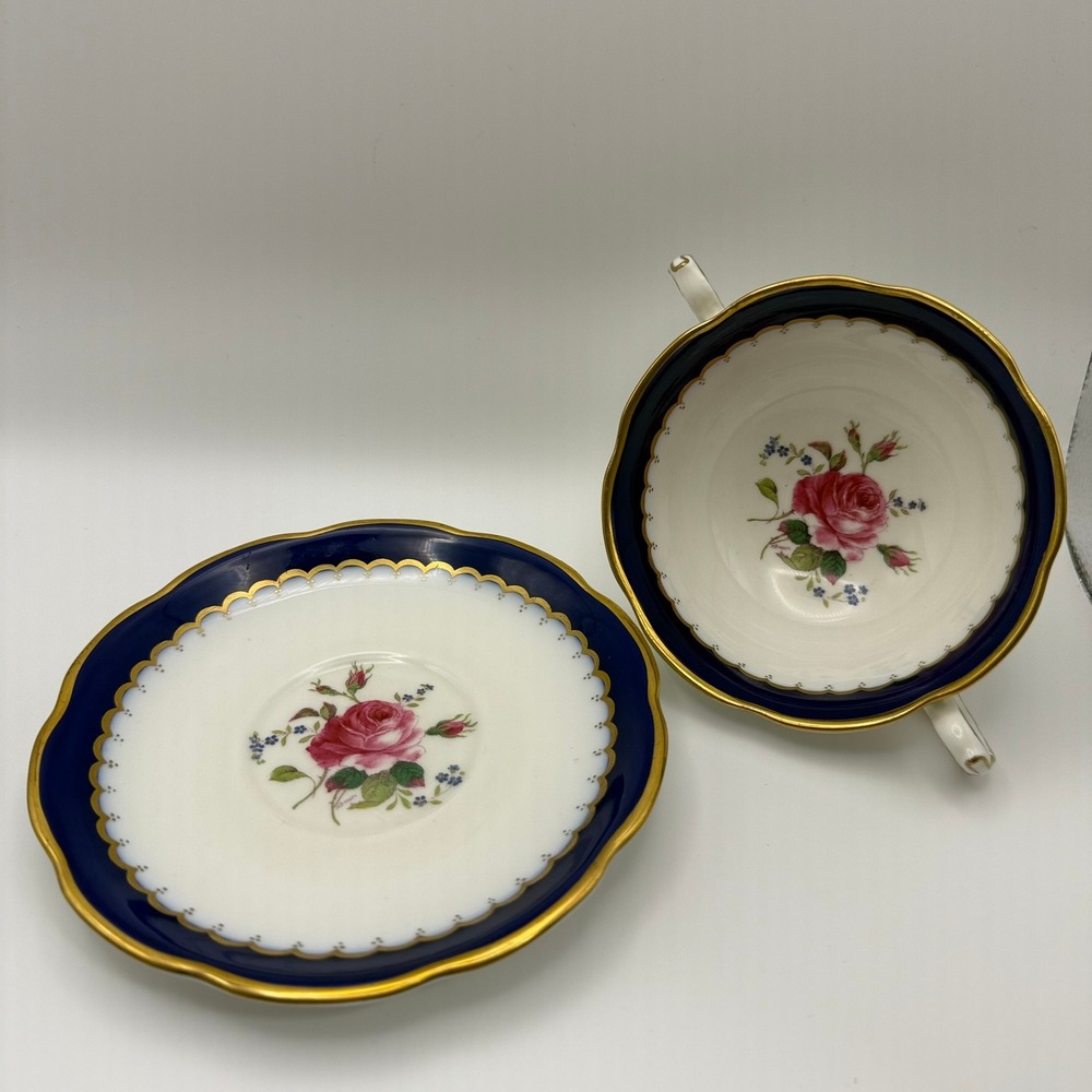 Royal Swansea The Coronation Soup Bowl Saucer Set‎ Cobalt Blue Gold Rose England